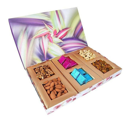 MANTOUSS Premium Dry Fruit and Delicious Chocolate Combo-Cashew,Almond,Walnut and Raisin (50gms Each)+10 Pieces of Chocolate,300 GMS + 2 earthern Diya, Diwali Greeting Card and Rangoli Colours - HalfPe