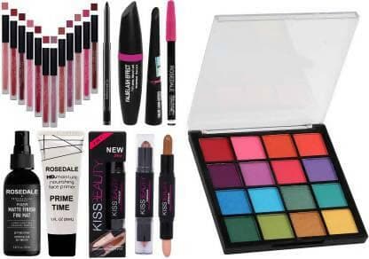 Crynn Rosedale 3in1 Eyeliner Mascara Eyebrow Fixer Primer Lipstick Kiss Contour Makeup Glam Kit & Valentines 12 Liquid Matte Lipsticks (6 Items in the set) - HalfPe