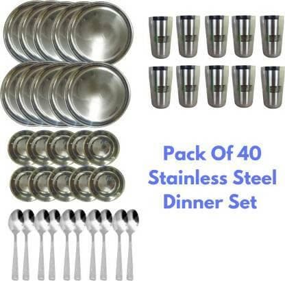 SHINI LIFESTYLE Stainless Steel DinnerSet (Silver) (Pack of 40) - HalfPe