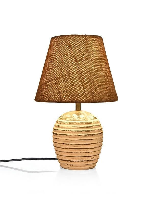 Striped Wooden White Lamp With Brown Jute Shade - HalfPe