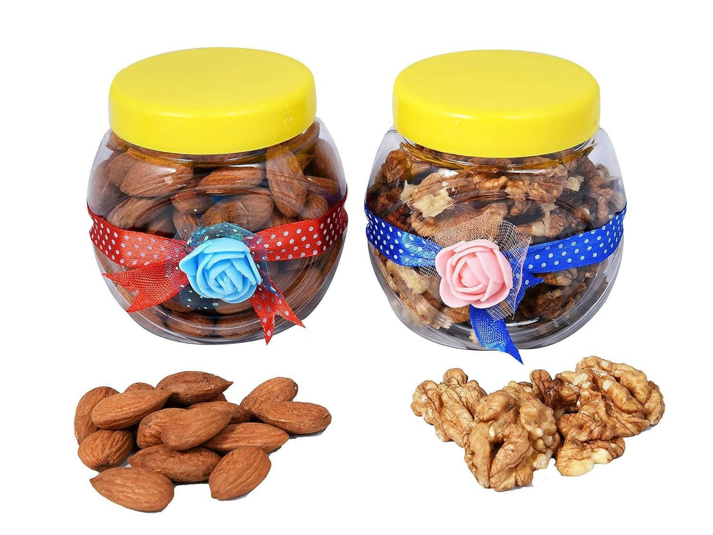 MANTOUSS Diwali Dry Fruit Decorated Jar-Almond and Walnut(100gms Each),200 GMS + 2 Floating Diya, Diwali Greeting Card and Rangoli Colours - HalfPe