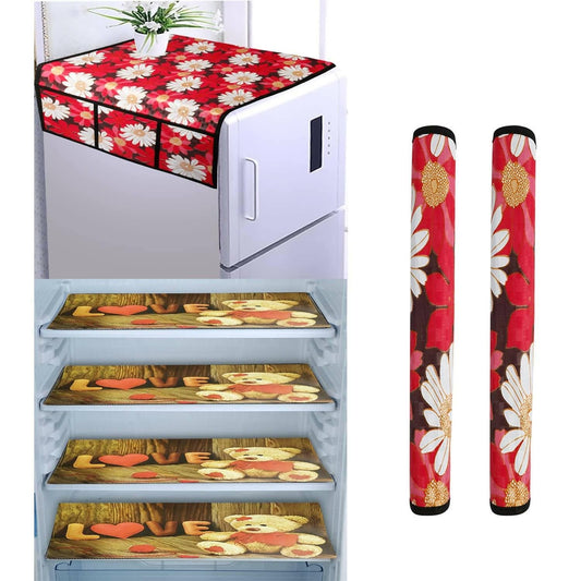 WISHLAND 1 Pc Fridge Cover for Top with 6 Pockets + 1 Handle Cover + 4 Fridge Mats( Fridge Cover Combo Set of 6 Pcs) - HalfPe