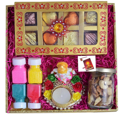 MANTOUSS Diwali Chocolate Gift Pack/Diwali Chocolate Gifts for Corporate Gifting-Designer Chocolate Box +Ganesha tealight Candle Holder+Jar of Mix Dry Fruits+Rangoli Colours+Deepawali Card - HalfPe