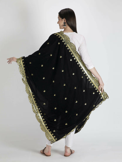 Embroidered Velvet Shawl Dupatta(Black) - HalfPe