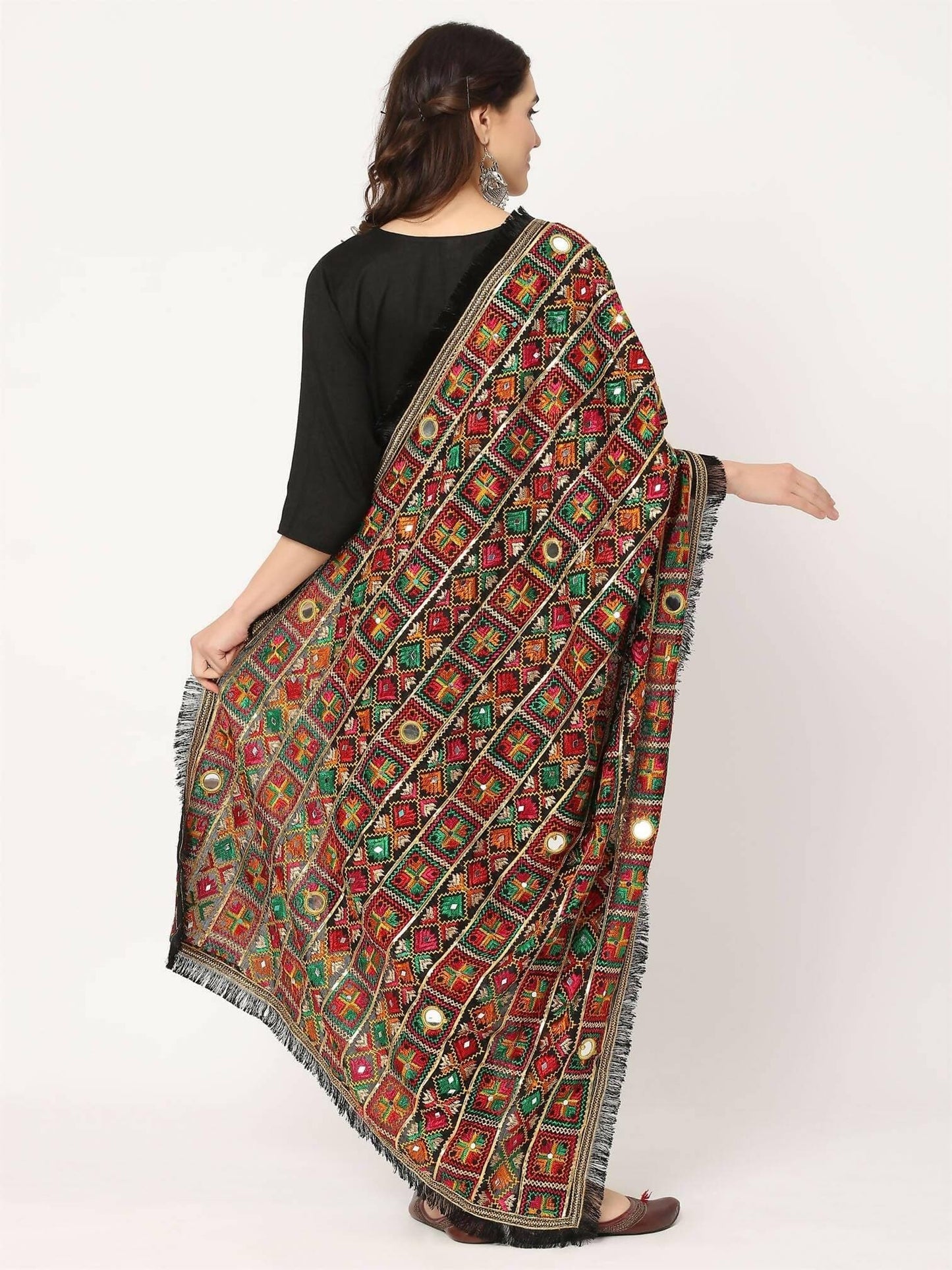 Black Mullticolour Embroidery Phulkari Dupatta with Mirror Work - HalfPe