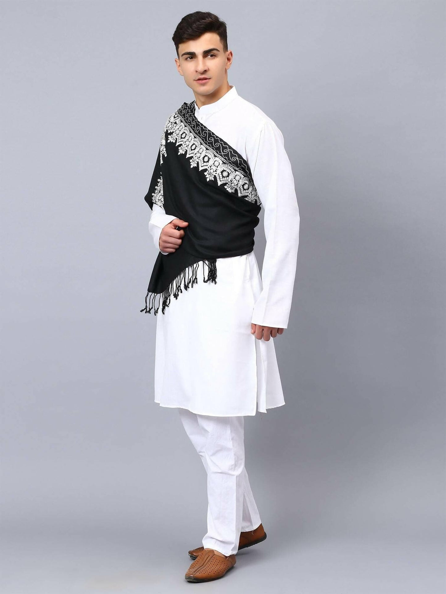 Black White Embroidered Stole - HalfPe