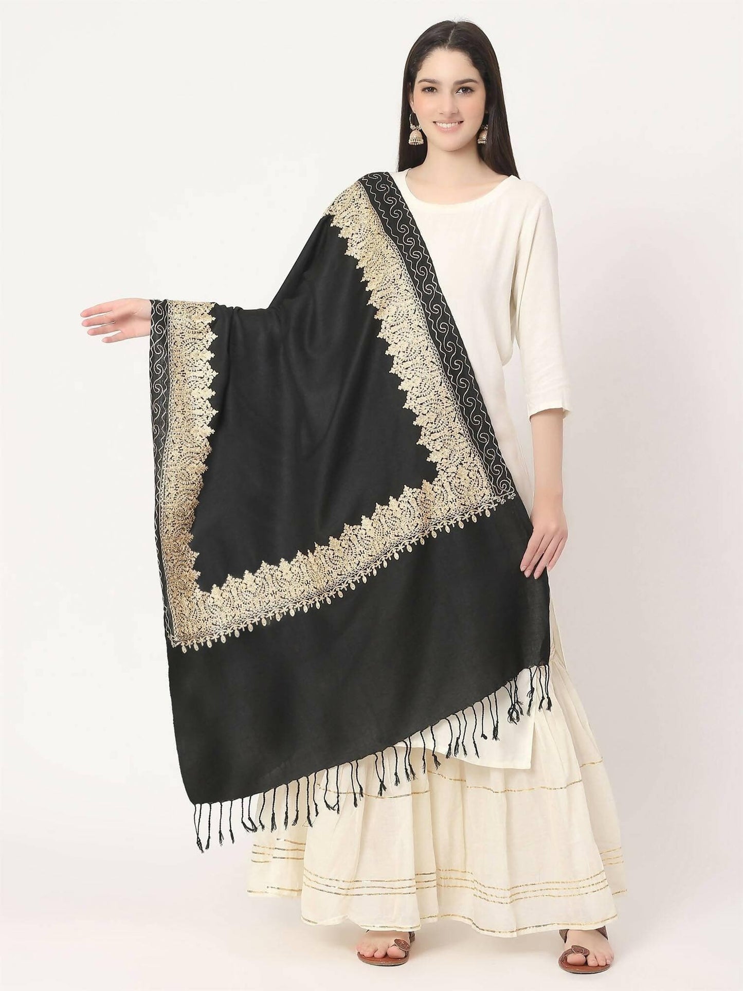 Black Brown Embroidered Stole for women - HalfPe