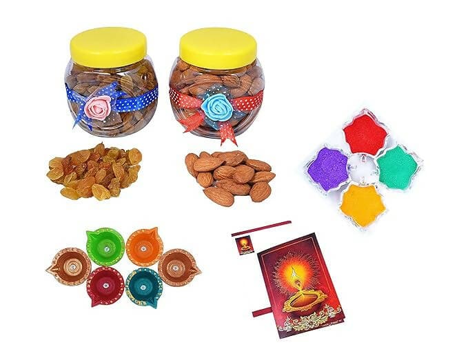 MANTOUSS Diwali Dry Fruit Decorated Jar-Almond and Raisin(100gms Each),200 GMS + 2 Cute diyas, Rangoli Colours and Diwali Greeting - HalfPe