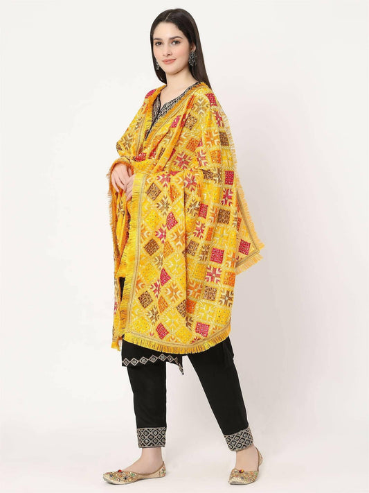 Yellow Multicolour Embroidery Phulkari Dupatta with Beads - HalfPe