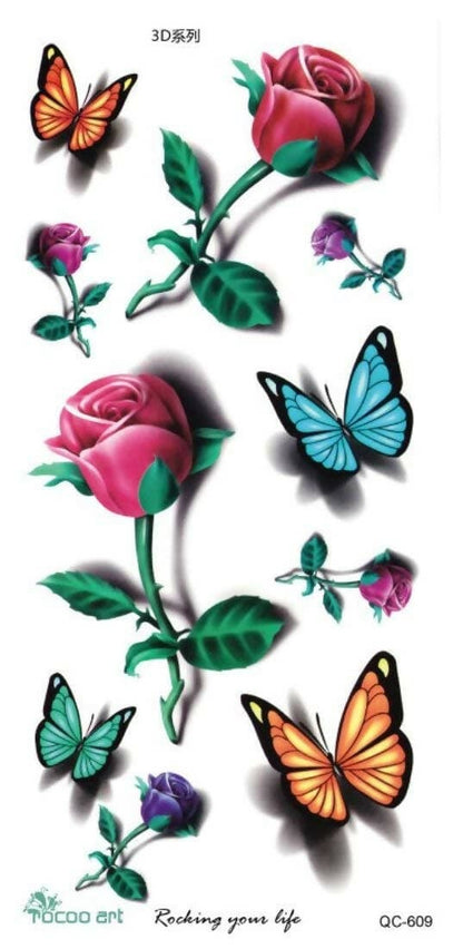 SENECIO Large Sheet Rose Bud Butterflies Waterproof Temporary Unisex Body Tattoo - HalfPe