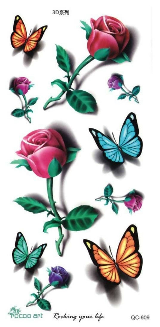 SENECIO Large Sheet Rose Bud Butterflies Waterproof Temporary Unisex Body Tattoo - HalfPe