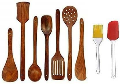 wooden cooking kitchen tools handmade and silicon spatula brush (Combo of 9 pcs) - HalfPe