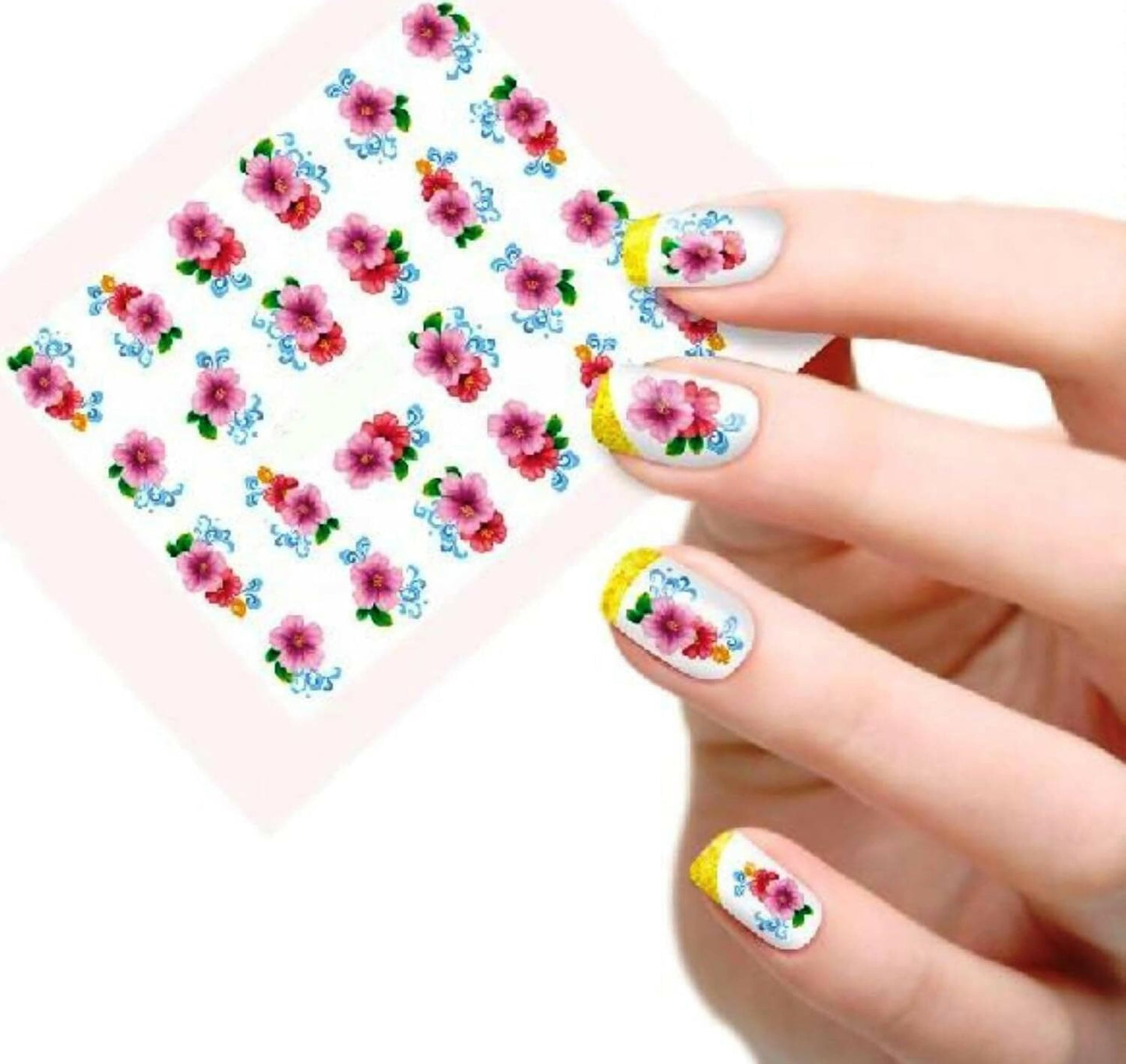 SENECIO Hibiscus Multicolor Floral Nail Art Manicure Decals Water Transfer (Stickers 2 Sheets) - HalfPe