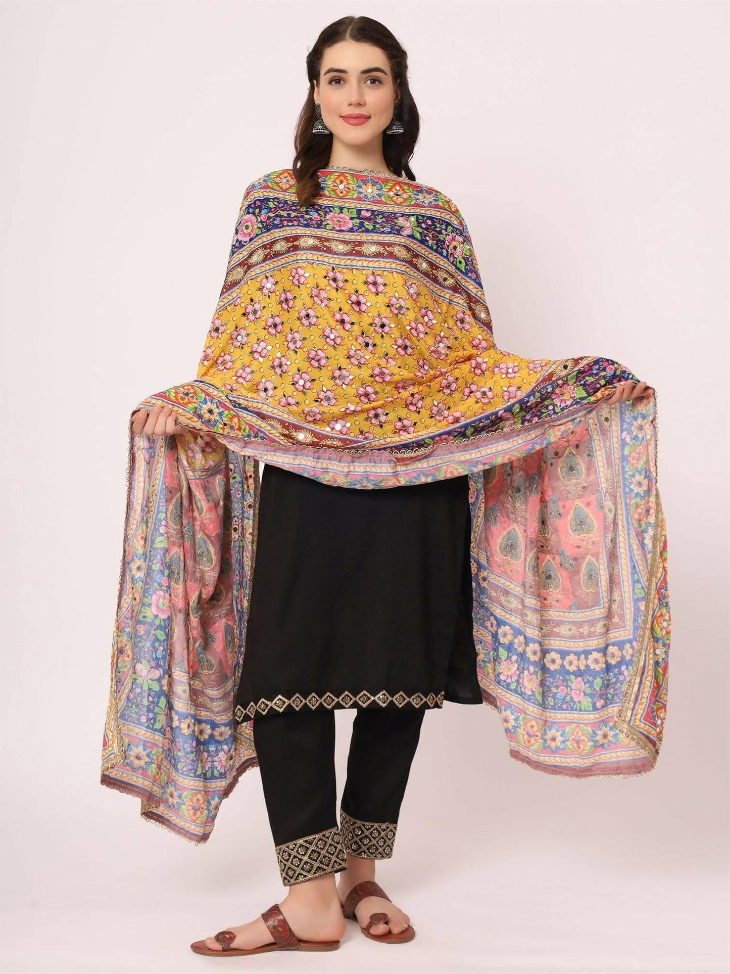 Chiffon Digital Print Pakistani Dupatta with Mirror Work(multi-colored design) - HalfPe