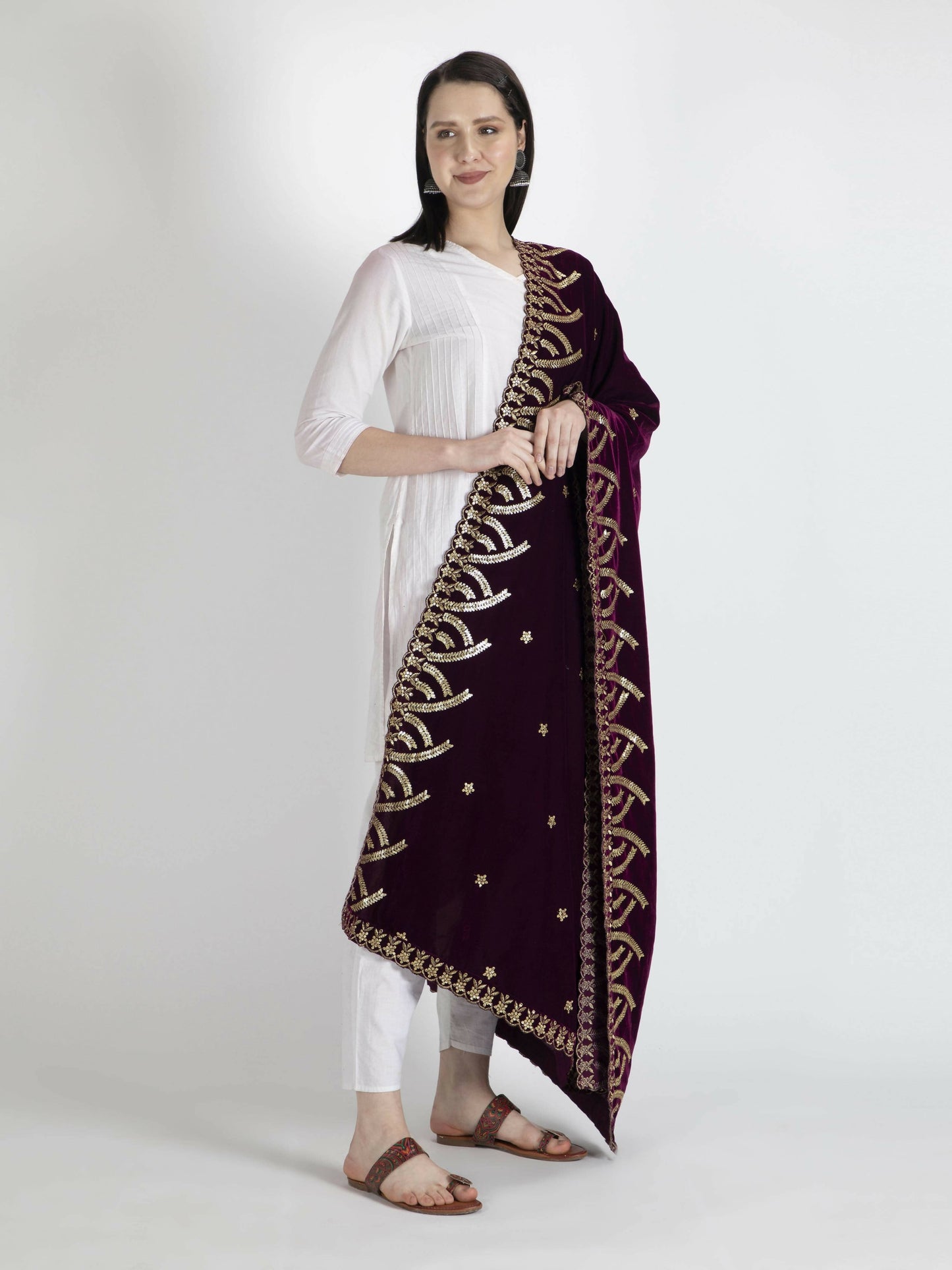 Embroidered Velvet Shawl Dupatta(Purple) - HalfPe