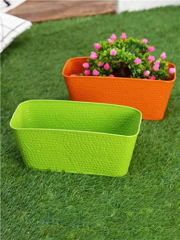 Set Of Two 12'' Embossed Pot Green & Orange - HalfPe