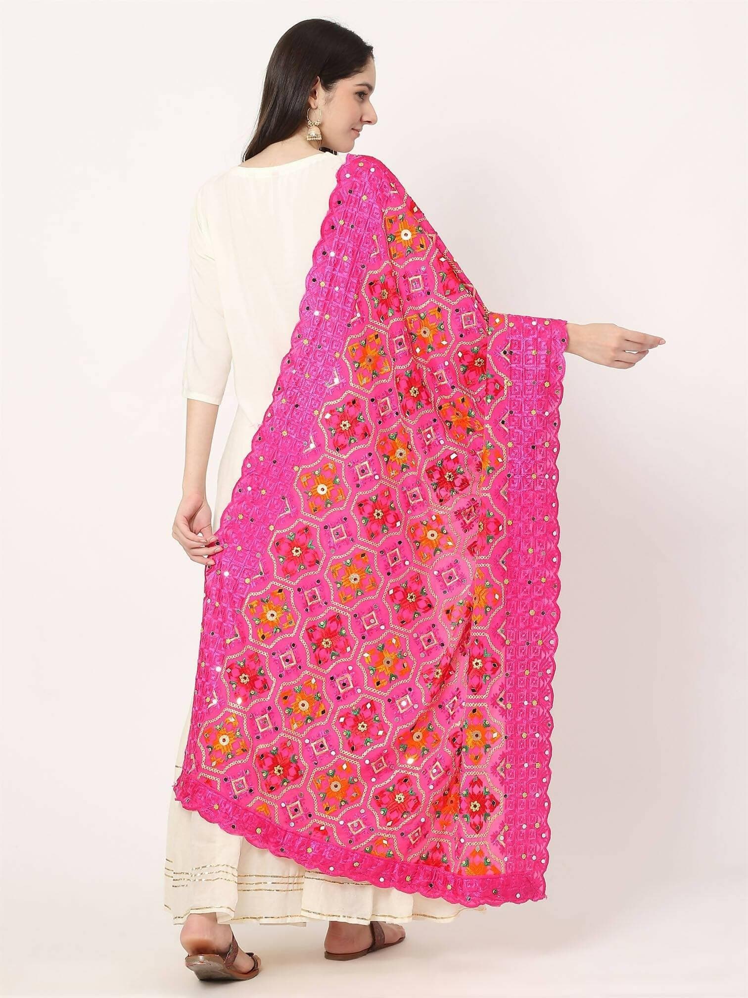 Magenta Multicolour Embroidery Phulkari Dupatta with Beads - HalfPe