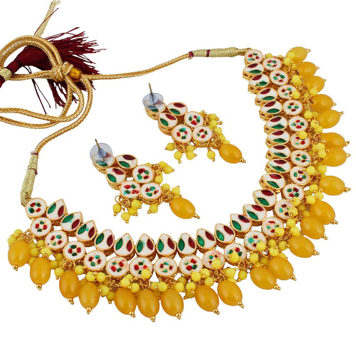 LUCKY JEWELLERY Back Meenakari 18k Gold Plated Yellow Color Earring Combo Uncut Big Faux Kundan Choker Necklace set - HalfPe