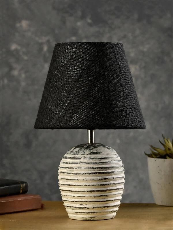 Striped Wooden White Lamp With Black Jute Shade - HalfPe