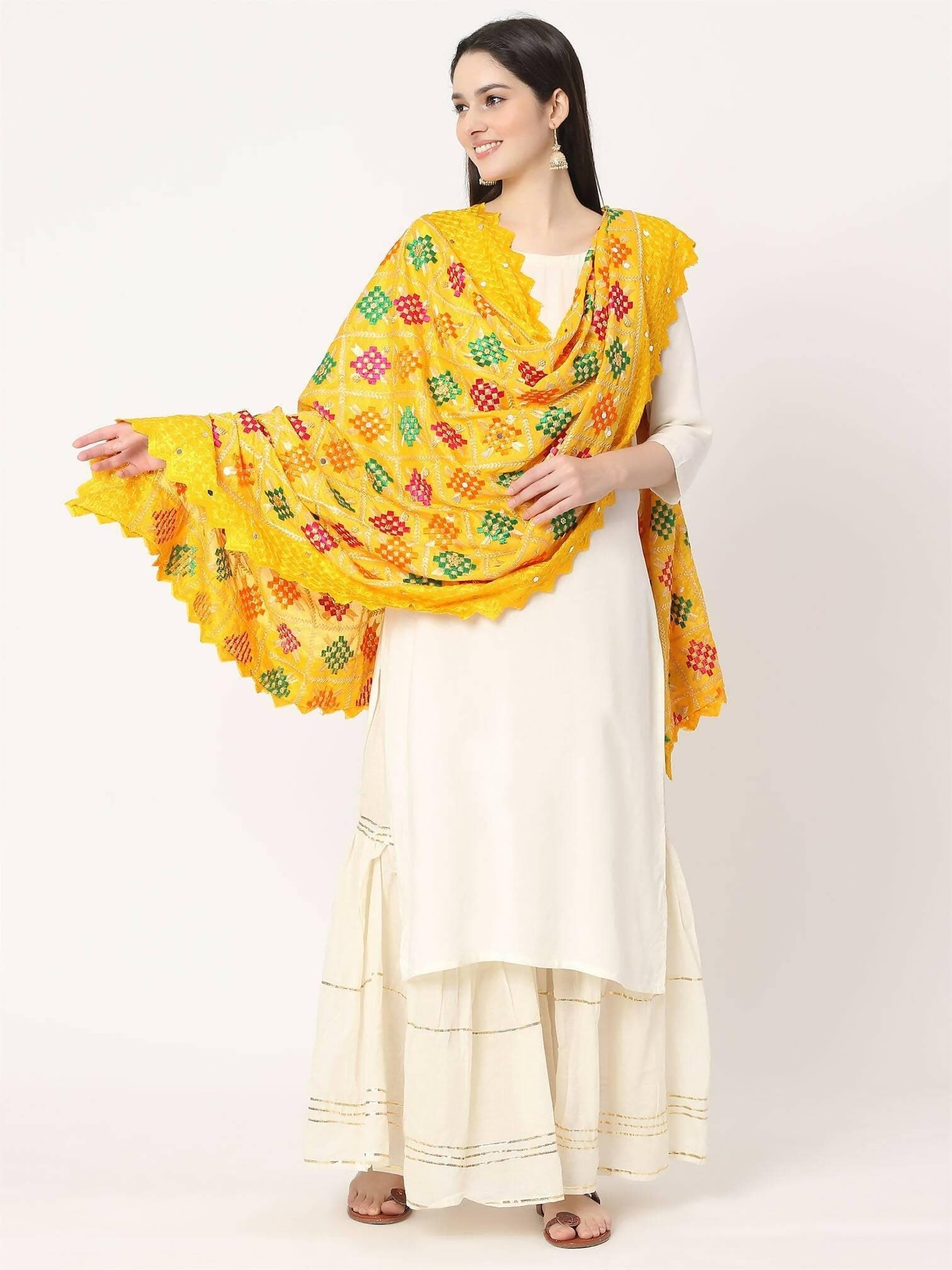 Yellow Multicolour Embroidery Phulkari Dupatta with Lace Border - HalfPe