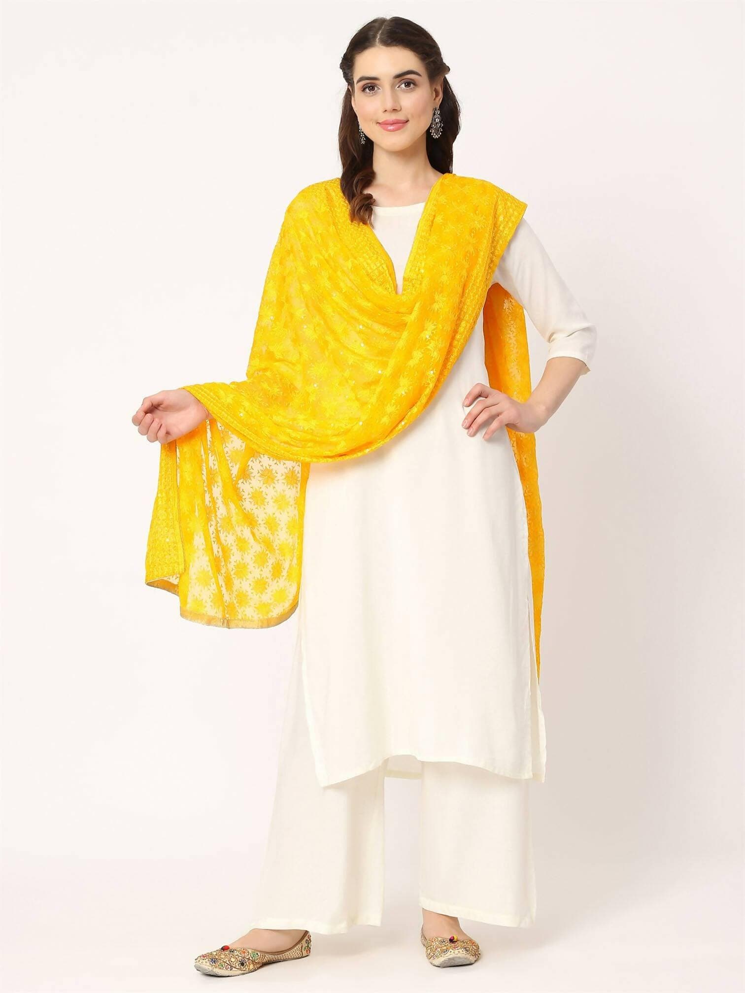 Yellow Sequined Phulkari Embroidery Dupatta - HalfPe