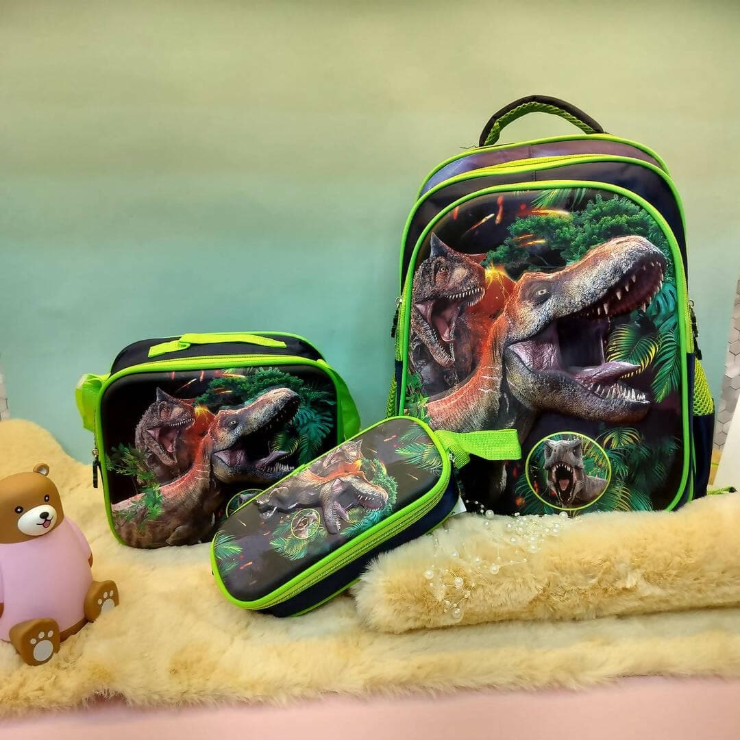 Elegant and Stylish 3-in-1 3D Emboss Print Cartoon Design Backpack for Smart Youth (Dinosaur theme) - HalfPe