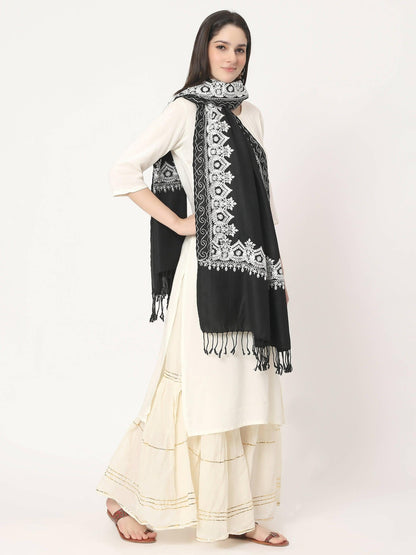 Black White Embroidered Stole for women﻿ - HalfPe