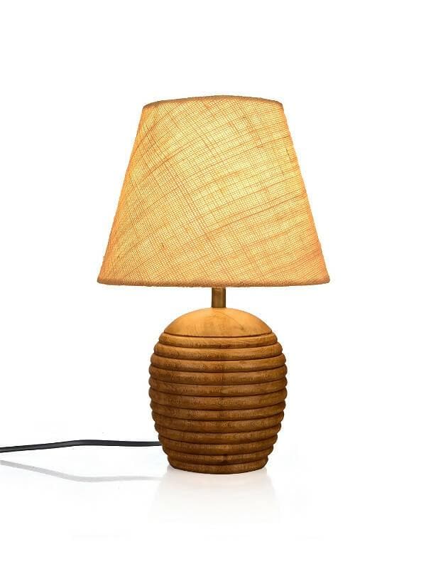 Striped Wooden Brown Lamp With White Jute Shade - HalfPe