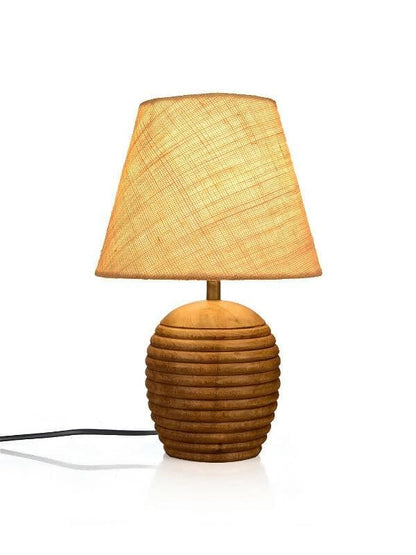 Striped Wooden Brown Lamp With White Jute Shade - HalfPe