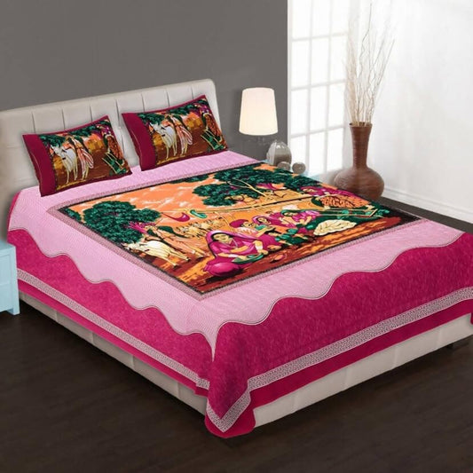 Jaipuri Traditional Cotton Village Scenery Print Bed Sheet Sanganeri Jaipuri Duvet Cover 84 x 90 Inches 2 Pillowcases Included (Pink) - HalfPe