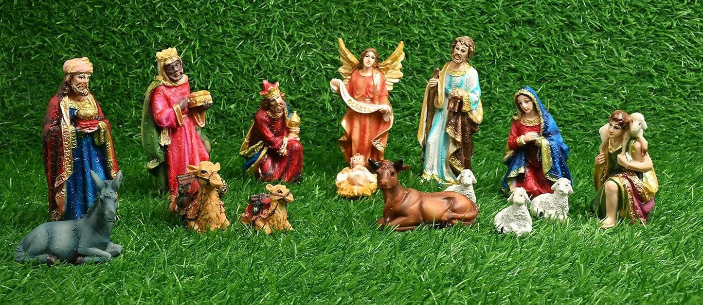 KariGhar Resin Nativity Set, Crib Set Perfect for Christmas Pack of Mary,Joseph,Baby Jesus, Angel, 3 Wise Men, The Shepherd and The Animals Multi Color Set of 15 (5 Inch) - HalfPe