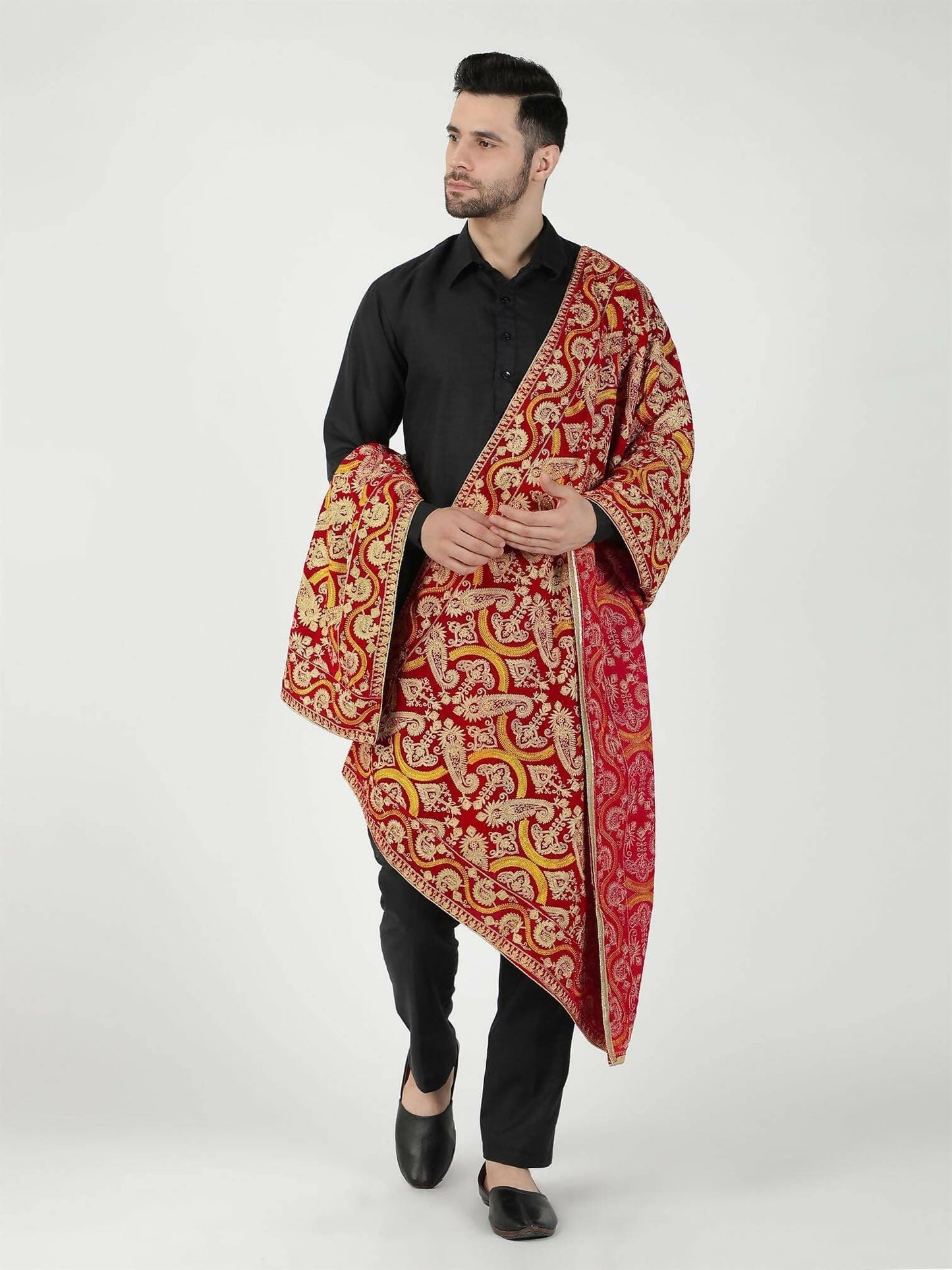 Red and Mustard Paisley Patterned Embroidered Velvet Shawl - HalfPe