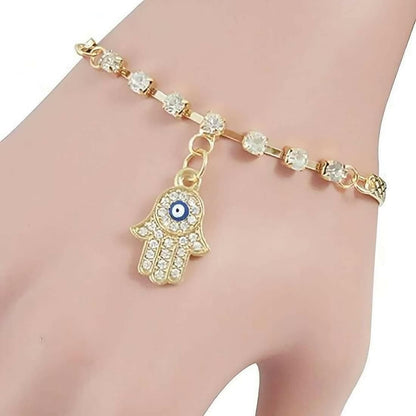 SENECIO Gold Tone Hamsa Hand Evil Eye Crystal Shiny Rhinestone Bracelet For Girls - HalfPe