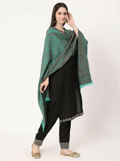 Turquoise Green and Brown Paisley Wool Stole for women - HalfPe