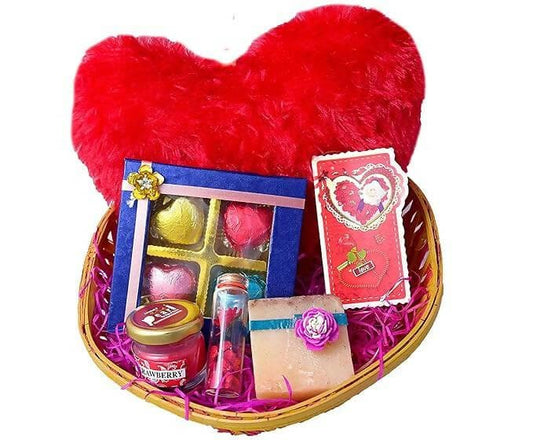 Valentines day gift -Decorated basket+Chocolate box+ aromatic jar candle+scented soap+message bottle+ valentines day greeting card - HalfPe