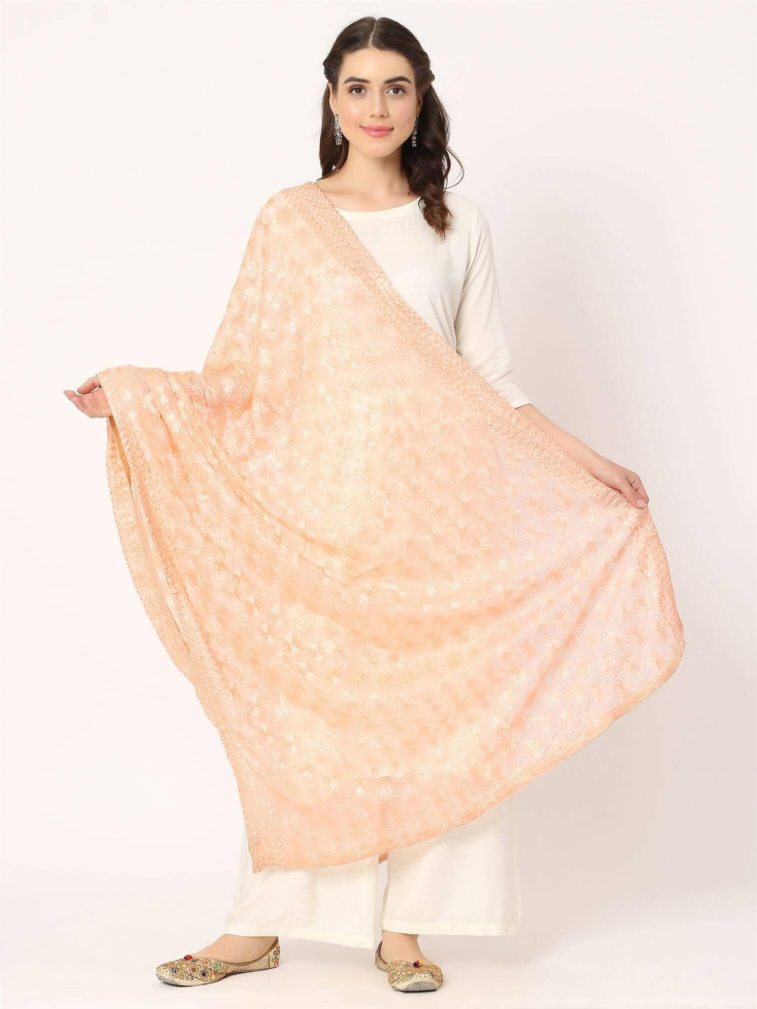 Peach Sequined Phulkari Embroidery Dupatta - HalfPe