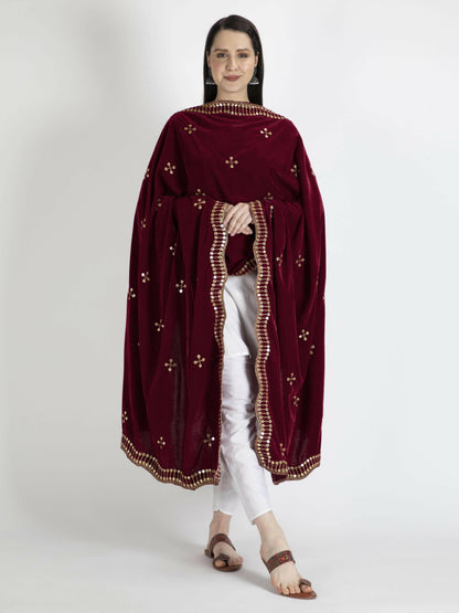 Embroidered Velvet Marron Dupatta For Women - HalfPe