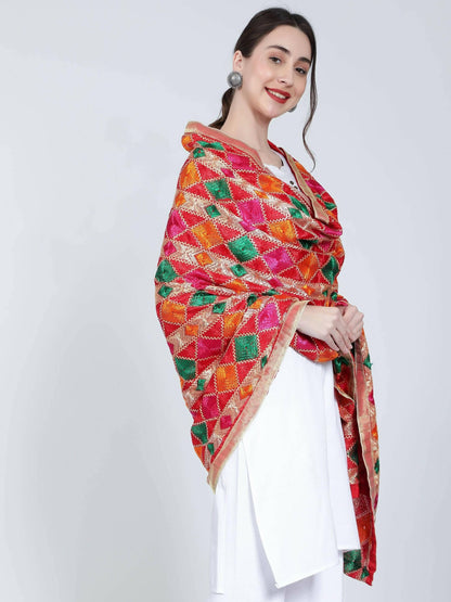 Red Phulkari dupatta (Multi-color designs) - HalfPe