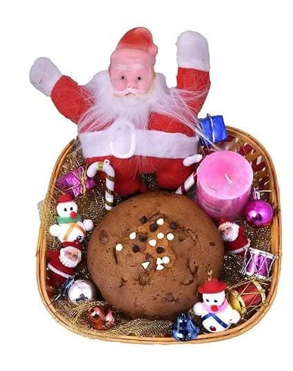 MANTOUSS Christmas Cake Gift Hamper/ Basket -Christmas Plum Cake(300gms), Santa Clause, scenetd Candle ,Christmas Card , Christmas Tree Decoration Set ,Santa Cap - HalfPe