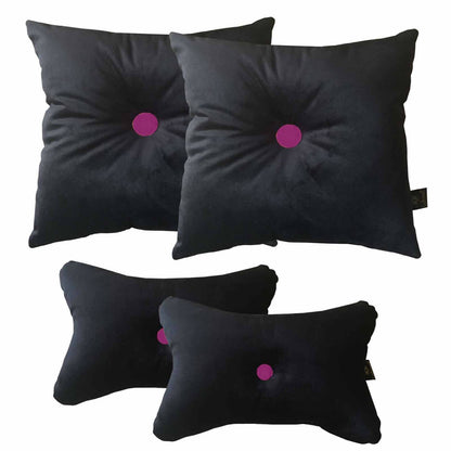 Lushomes car pillows and cushions, Black Velvet with Maroon, cushion for car, pillows for car, car pillow set of 4, car cushion set(2 pc Cushions-12 x 12 inches & 2 pcs Neck Rest Pillow 6x10 inch) - HalfPe