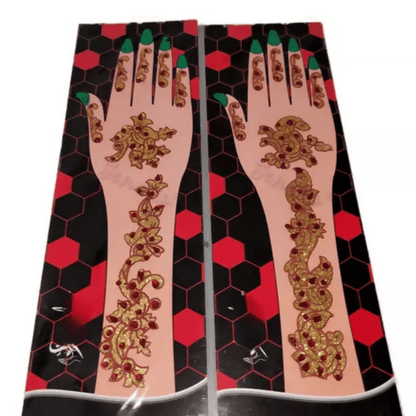 SENECIO 2Pc Full Hand Glitter Diamond Studded Golden Maroon Artificial Mehendi Shimmer Sticker - HalfPe