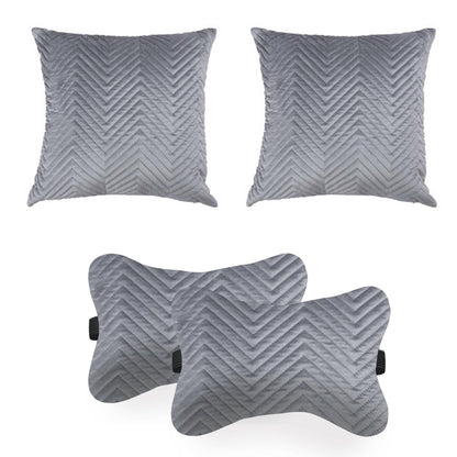 Car Cushion Pillows for Neck, Back and Seat Rest, Pack of 4, Quilted Grey Velvet Material, 2 PCs of Bone Neck Rest Size: 6x10 Inches, 2 Pcs of Car Cushion Size: 12x12 Inches by Lushomes - HalfPe