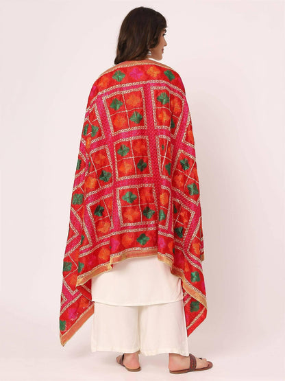 Embroidery Phulkari Dupatta (Red Multicolour) - HalfPe