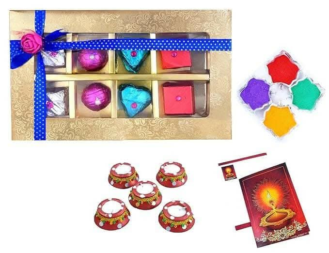 MANTOUSS Happy Diwali Chocolate Gift (Golden Decorative Box) + 2 Matki Wax Filled Diya, Diwali Greeting Card and Rangoli Colours - HalfPe