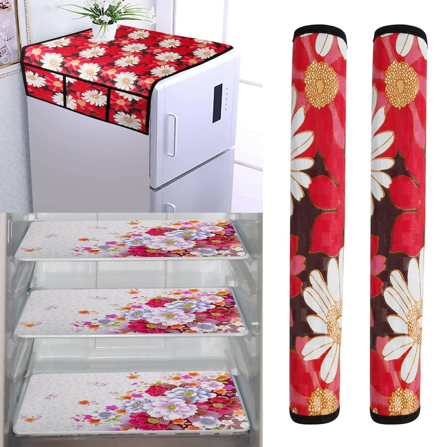 WISHLAND 1 Pc Fridge Cover for Top with 6 Pockets + 2 Handle Cover + 3 Fridge Mats( Fridge Cover Combo Set of 6 Pcs) - HalfPe