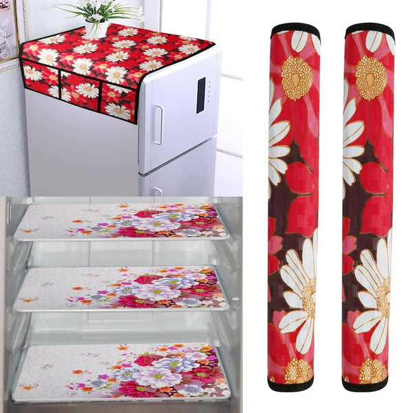 WISHLAND 1 Pc Fridge Cover for Top with 6 Pockets + 2 Handle Cover + 3 Fridge Mats( Fridge Cover Combo Set of 6 Pcs) - HalfPe