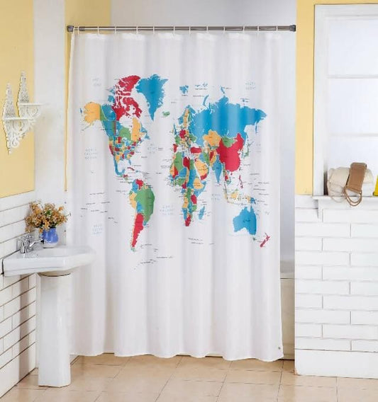 Lushomes shower curtain, Map Printed Printed, Polyester waterproof 6x6.5 ft with hooks, non-PVC, Non-Plastic, For Washroom, Balcony for Rain, 12 eyelet & 12 Hooks (6 ft W x 6.5 Ft ) - HalfPe