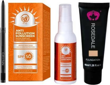 Crynn Smudge Proof Essential Makeup HD3 Beauty Kajal & Anti Pollution Broad Spectrum SPF 50+ Sunscreen & Rosedale - HalfPe