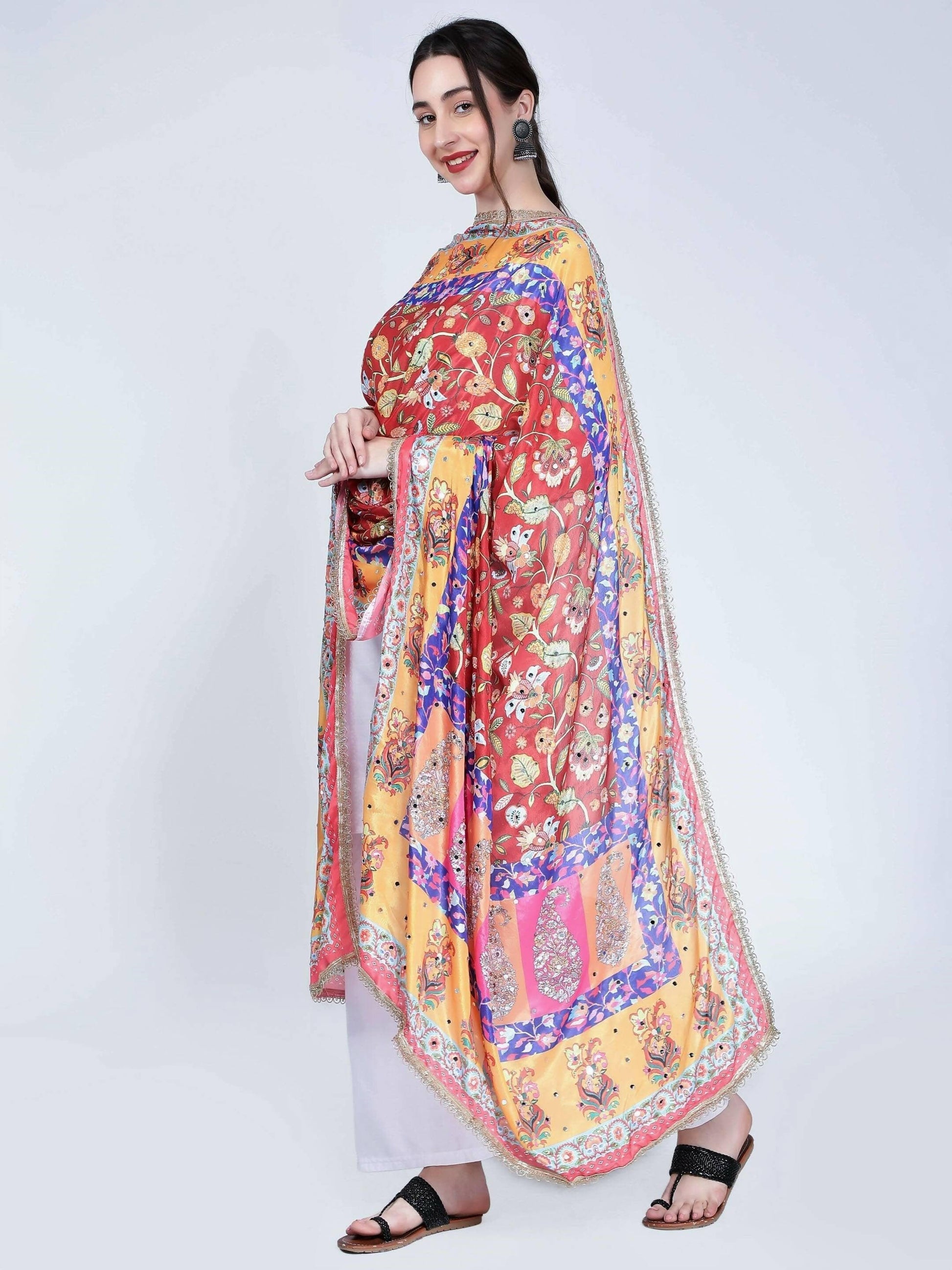 Chiffon Digital Multicolour Print Pakistani Dupatta with Mirror Work - HalfPe