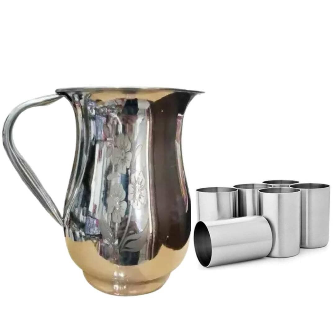 SHINI LIFESTYLE Stainless Steel Flower Jug with Glass Combo, Water Jug (7) - HalfPe